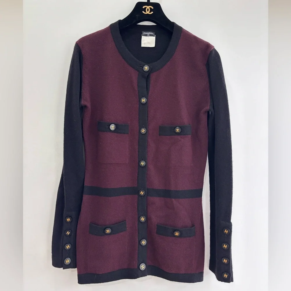 Authentic CHANEL Iconic 1995 winter runway cashmere plum buttoned cardigan